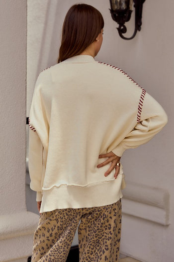 LovLov Knit Sweater with "Game Day" Yoga Lettered Front in Ivory/Burgundy