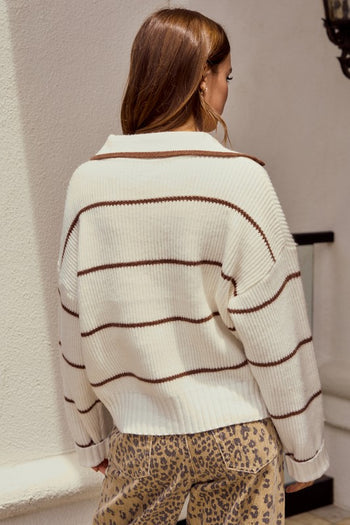 LovLov Striped Textured Knit Sweater in Latte/Ivory