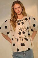 Oddi Polka-Dot Print Peplum Top with Ribbon Tie Front in White-Black