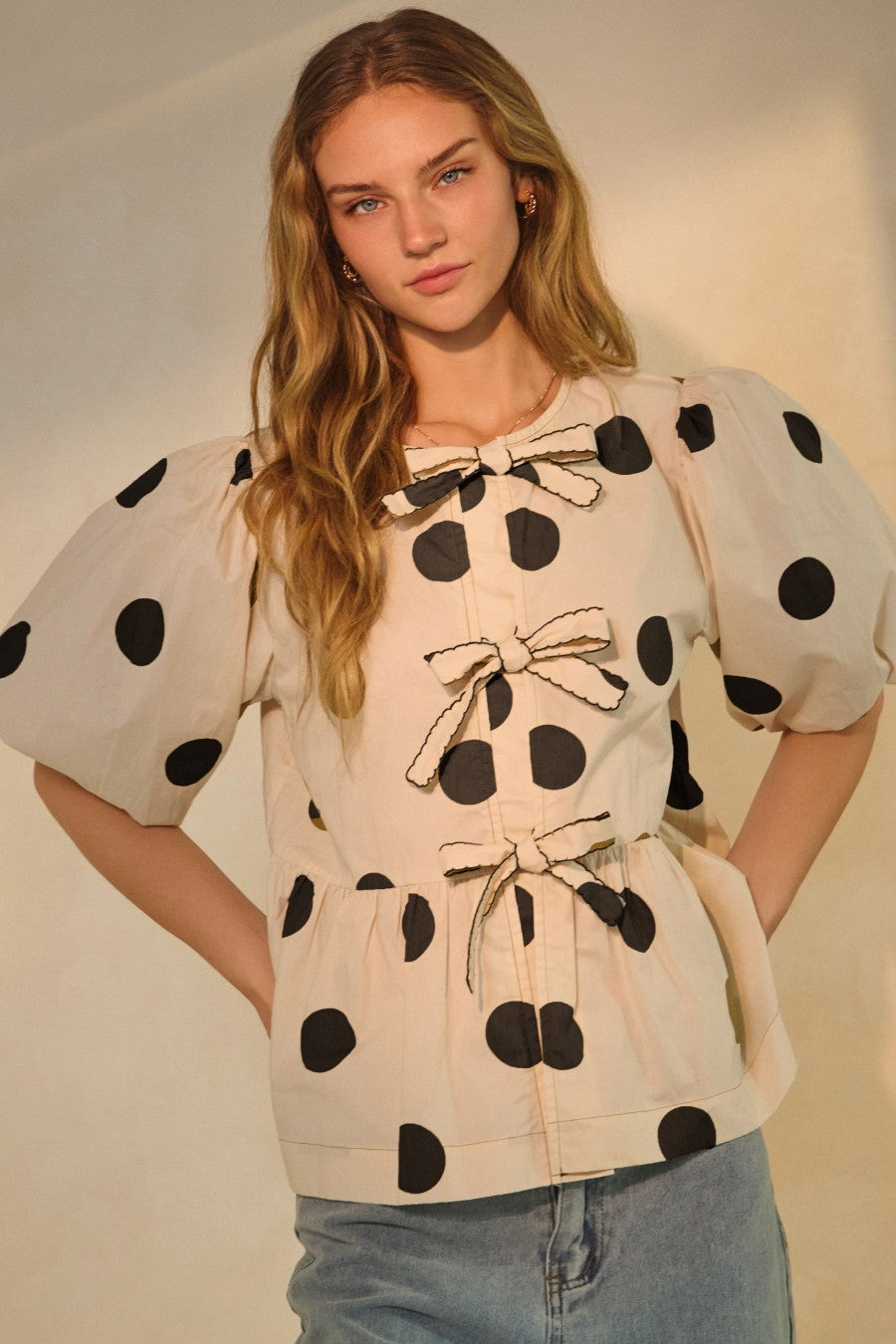 Oddi Polka-Dot Print Peplum Top with Ribbon Tie Front in White-Black