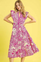 Umgee Floral Boho Print Midi Dress in Magenta