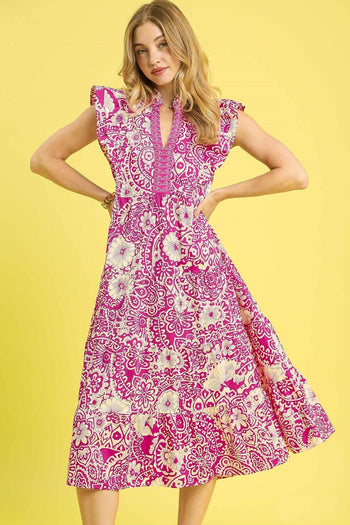 Umgee Floral Boho Print Midi Dress in Magenta