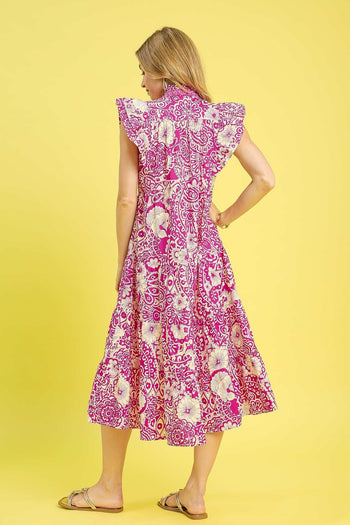 Umgee Floral Boho Print Midi Dress in Magenta