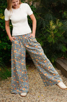 TRENDiLiTY Mineral Washed Floral Denim Wide Leg Pants in Denim