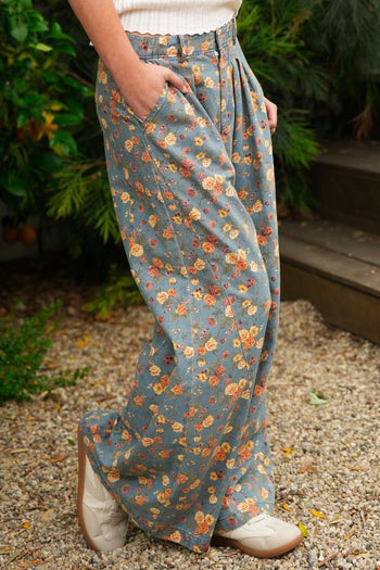 TRENDiLiTY Mineral Washed Floral Denim Wide Leg Pants in Denim
