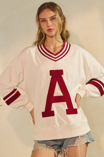 Oddi  Knit Sweatshirt with Retro A Patched Front in White Red Combo