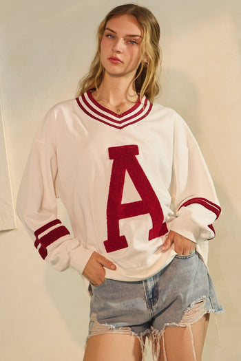 Oddi  Knit Sweatshirt with Retro A Patched Front in White Red Combo