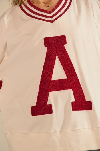Oddi  Knit Sweatshirt with Retro A Patched Front in White Red Combo