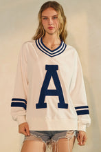 Load image into Gallery viewer, Oddi  Knit Sweatshirt with Retro A Patched Front in White Blue Combo
