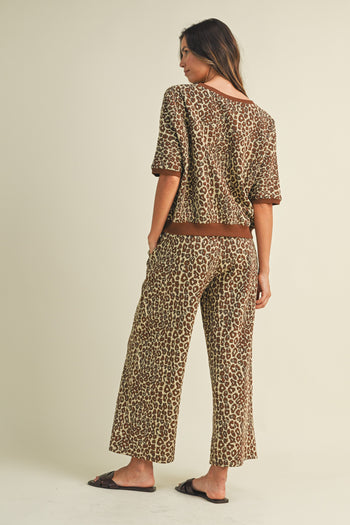 AnnieWear Leopard Jacquard Knit Top & Wide Leg Pants Set in Brown