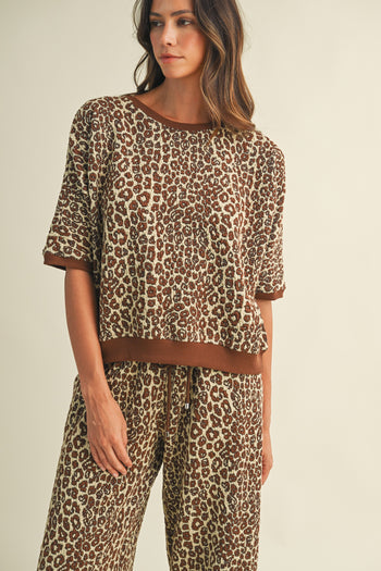 AnnieWear Leopard Jacquard Knit Top & Wide Leg Pants Set in Brown