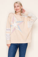White Birch Star Patched and Lace Sleeve Detailed Top in Oatmeal