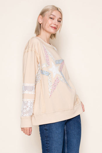 White Birch Star Patched and Lace Sleeve Detailed Top in Oatmeal
