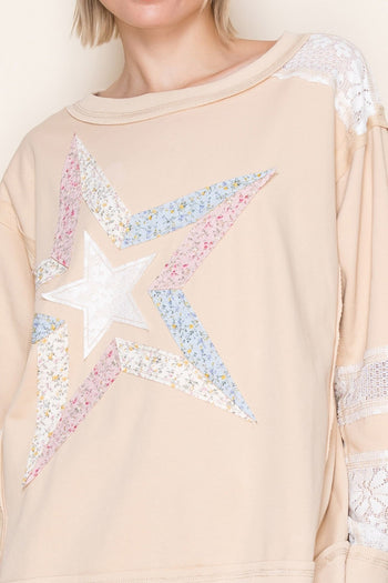 White Birch Star Patched and Lace Sleeve Detailed Top in Oatmeal