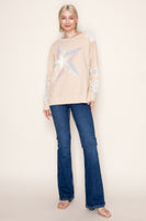 White Birch Star Patched and Lace Sleeve Detailed Top in Oatmeal