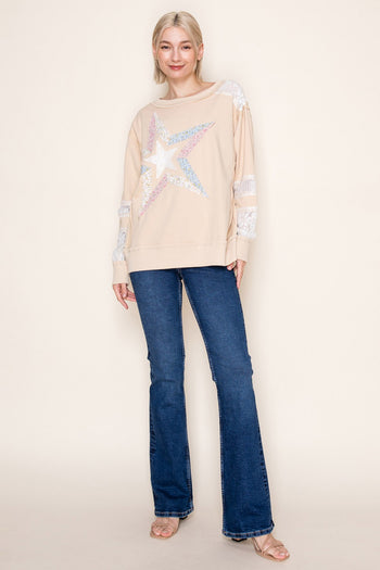 White Birch Star Patched and Lace Sleeve Detailed Top in Oatmeal