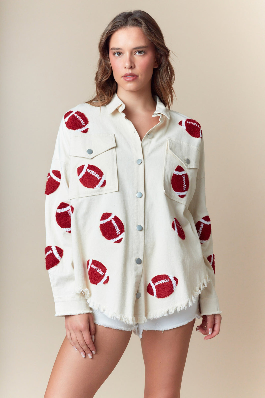 Fantastic Fawn OVERSIZED Football Patched Jacket in Off White
