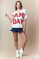 Fantastic Fawn Color Block OVERSIZED Top with GAME DAY Frayed Edge Patched Front in Red