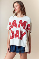 Fantastic Fawn Color Block OVERSIZED Top with GAME DAY Frayed Edge Patched Front in Red