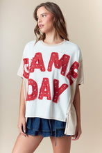 Load image into Gallery viewer, Fantastic Fawn Color Block OVERSIZED Top with GAME DAY Frayed Edge Patched Front in Red
