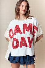 Load image into Gallery viewer, Fantastic Fawn Color Block OVERSIZED Top with GAME DAY Frayed Edge Patched Front in Red
