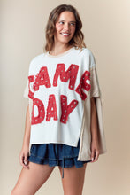 Load image into Gallery viewer, Fantastic Fawn Color Block OVERSIZED Top with GAME DAY Frayed Edge Patched Front in Red
