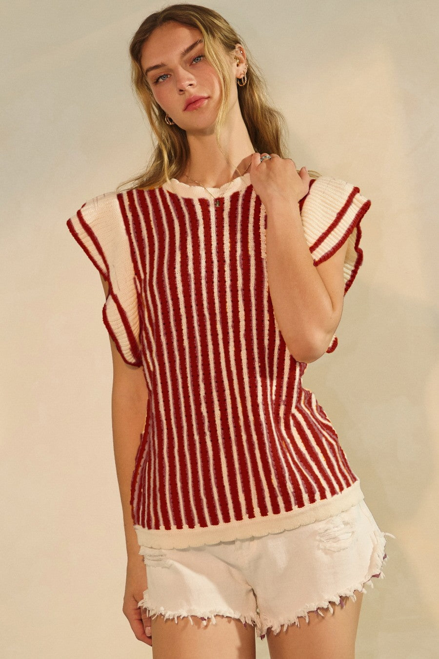 Oddi Textured Knit Striped Sweater in Dark Red Combo