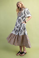 GiGio Mixed Print Tiered Midi Dress in Black Mix