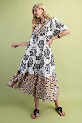 GiGio Mixed Print Tiered Midi Dress in Black Mix