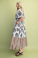 GiGio Mixed Print Tiered Midi Dress in Black Mix