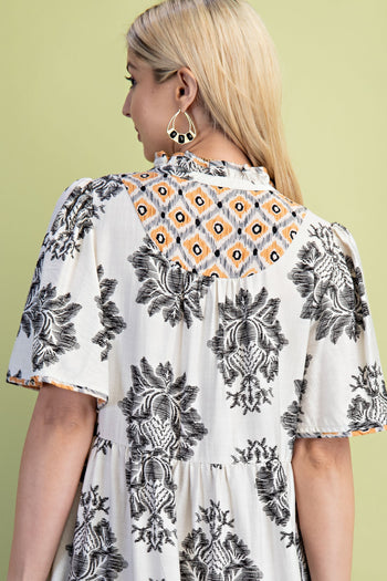 GiGio Mixed Print Tiered Midi Dress in Black Mix