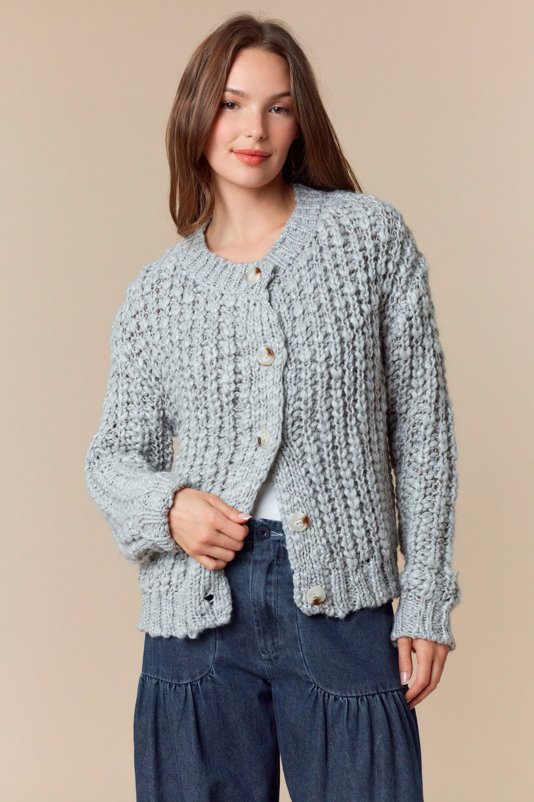 Peach Love Chunky Knit Cardigan in Heather Grey