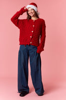 Peach Love Chunky Knit Cardigan in Red