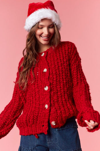 Peach Love Chunky Knit Cardigan in Red
