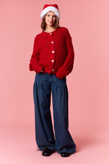 Peach Love Chunky Knit Cardigan in Red