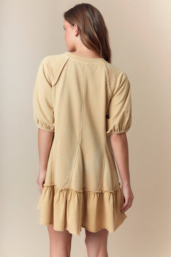 Fantastic Fawn Mineral Washed Terry Knit Mini Dress with Eyelet Lace Panel Front in Stone