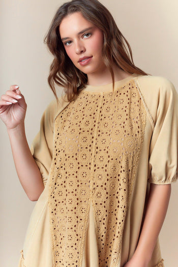 Fantastic Fawn Mineral Washed Terry Knit Mini Dress with Eyelet Lace Panel Front in Stone