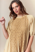 Load image into Gallery viewer, Fantastic Fawn Mineral Washed Terry Knit Mini Dress with Eyelet Lace Panel Front in Stone

