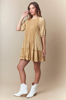 Fantastic Fawn Mineral Washed Terry Knit Mini Dress with Eyelet Lace Panel Front in Stone