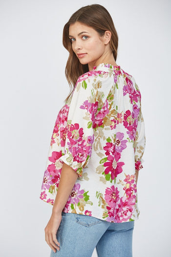 FATE Floral Print Top with Pin Tuck Details in Cream Multi