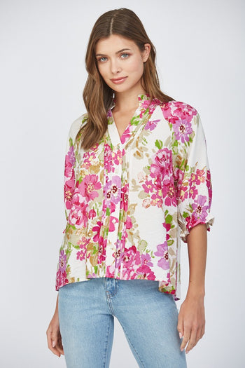 FATE Floral Print Top with Pin Tuck Details in Cream Multi
