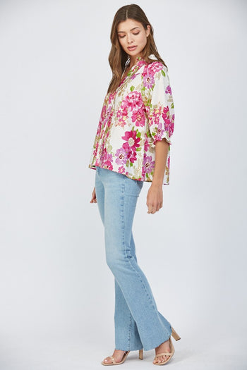 FATE Floral Print Top with Pin Tuck Details in Cream Multi