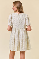 Doe & Rae Ditsy Floral Round Neck Tiered Mini Dress in Blush