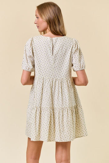 Doe & Rae Ditsy Floral Round Neck Tiered Mini Dress in Blush