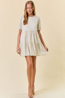 Doe & Rae Ditsy Floral Round Neck Tiered Mini Dress in Blush