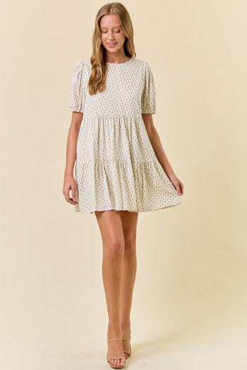 Doe & Rae Ditsy Floral Round Neck Tiered Mini Dress in Blush