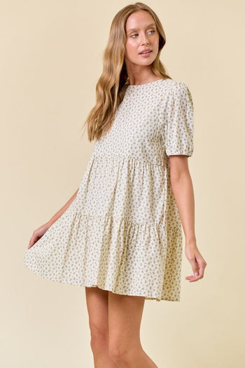 Doe & Rae Ditsy Floral Round Neck Tiered Mini Dress in Blush