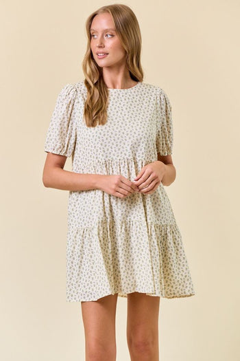 Doe & Rae Ditsy Floral Round Neck Tiered Mini Dress in Blush