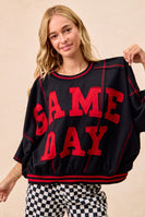 BiBi OVERSIZED French Terry Top with GAME DAY Letter Patchwork Front in Black/Red