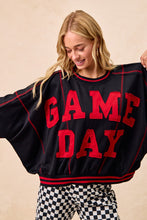 Load image into Gallery viewer, BiBi OVERSIZED French Terry Top with GAME DAY Letter Patchwork Front in Black/Red

